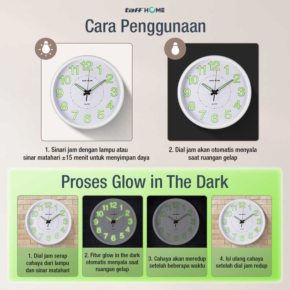 TaffHOME Jam Dinding Bulat Quartz Luminous Glow in The Dark 30cm - Gambar 6