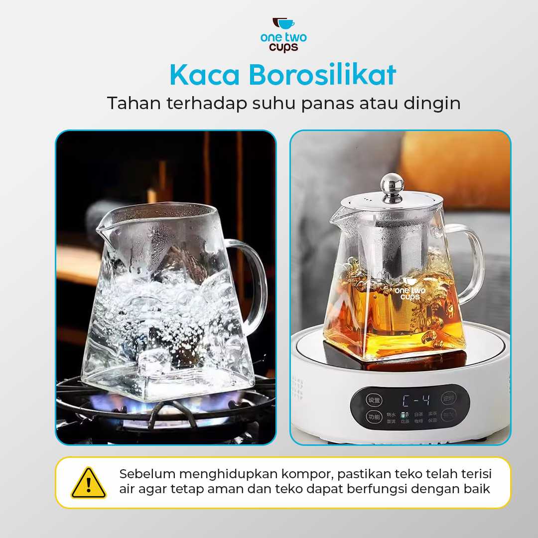 One Two Cups Teko Teh Kaca Borosilikat Saringan Tahan Panas Teapot - TP-761 - Gambar 2