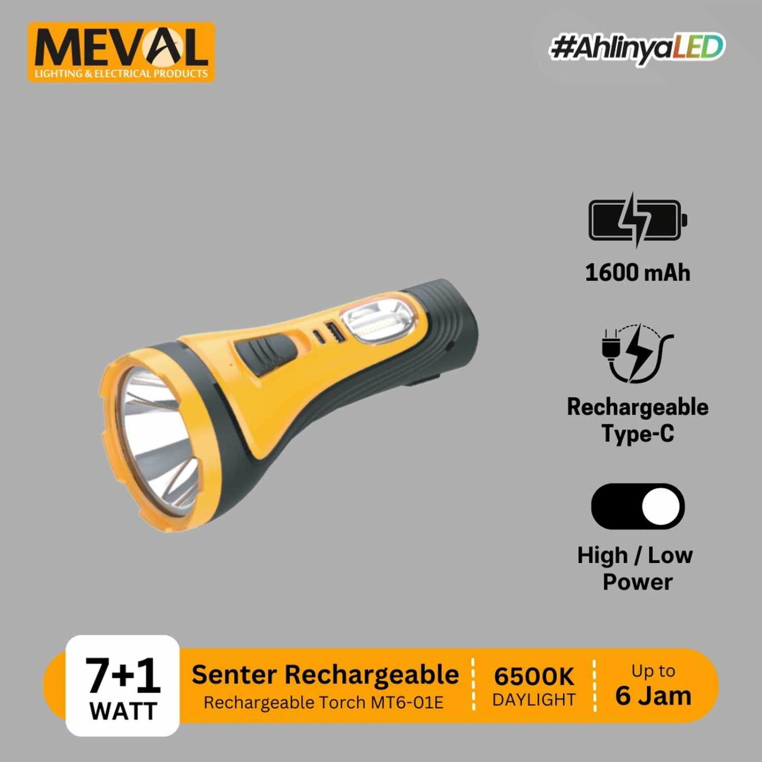 Meval Rohri Jual MEVAL Senter LED Rechargeable 7 Watt + Fungsi Power Bank
