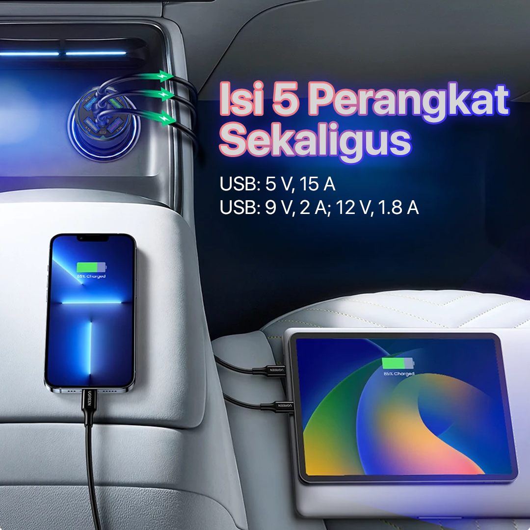 USLION Car Charger Mobil Fast Charging QC 3.0 LED 5 USB Port 15A - BK-359