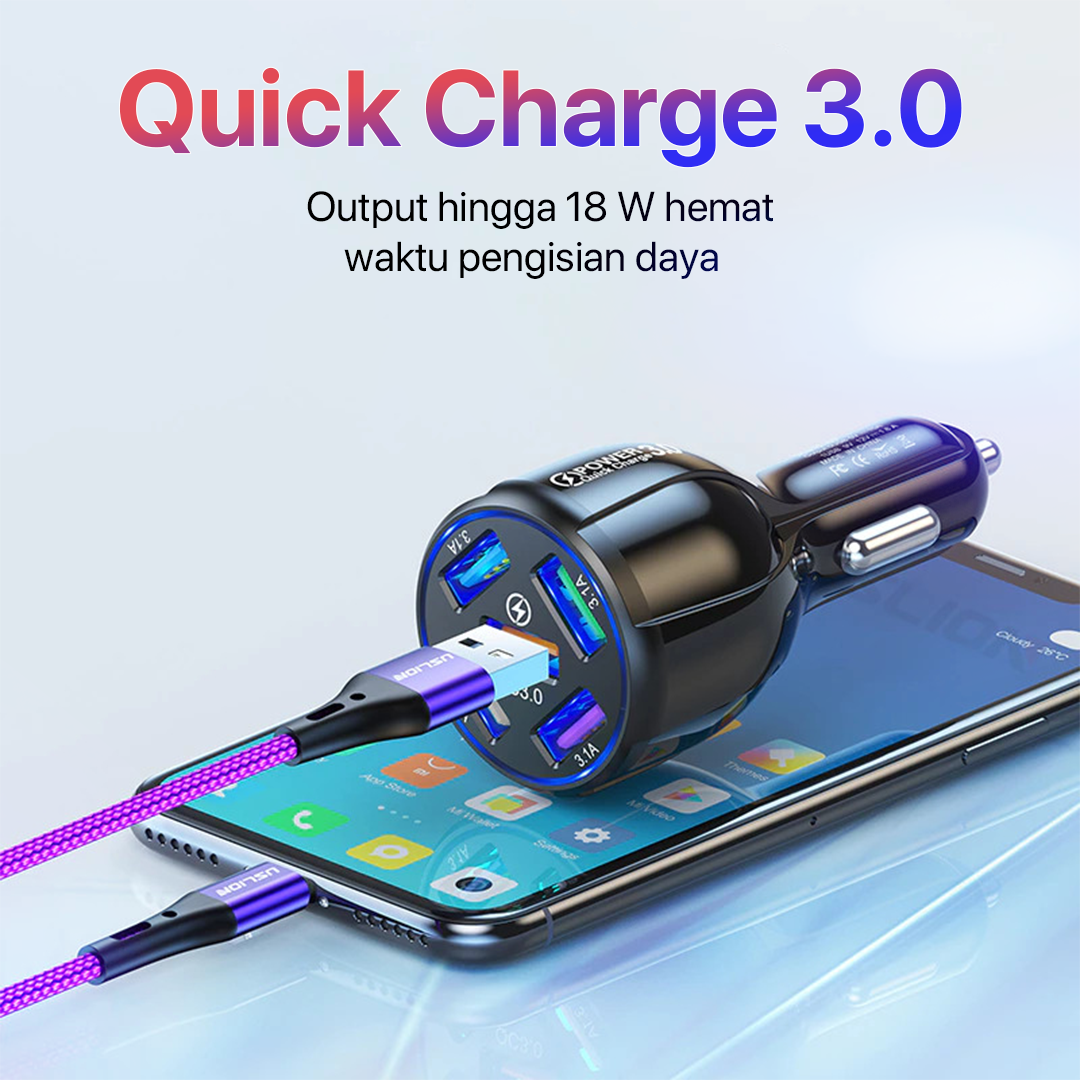 USLION Car Charger Mobil Fast Charging QC 3.0 LED 5 USB Port 15A - BK-359