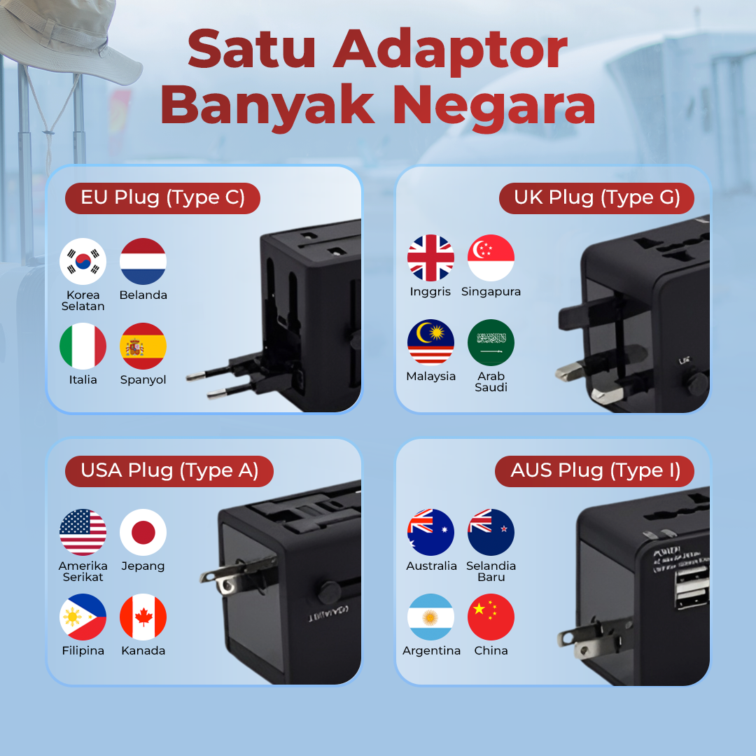ETORA Travel Adaptor Universal Plug EU UK US/AUST 2.1A USB A Port - JY-148
