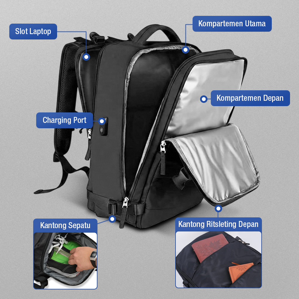 SHOPOVIA Tas Ransel Laptop Travel Bag Waterproof with USB Port 35L - SP14