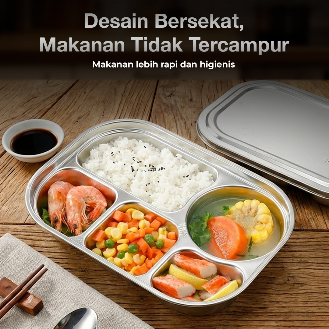 Januel Piring Makan Fast Food Tray Container Stainless Steel 5 Grid - Jn72