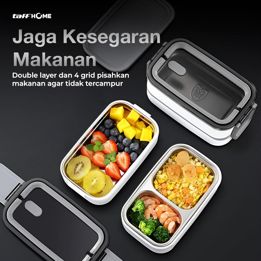 TaffHOME Kotak Makan Lunch Box Stainless Steel Double Layer 1.4L Grid - J274