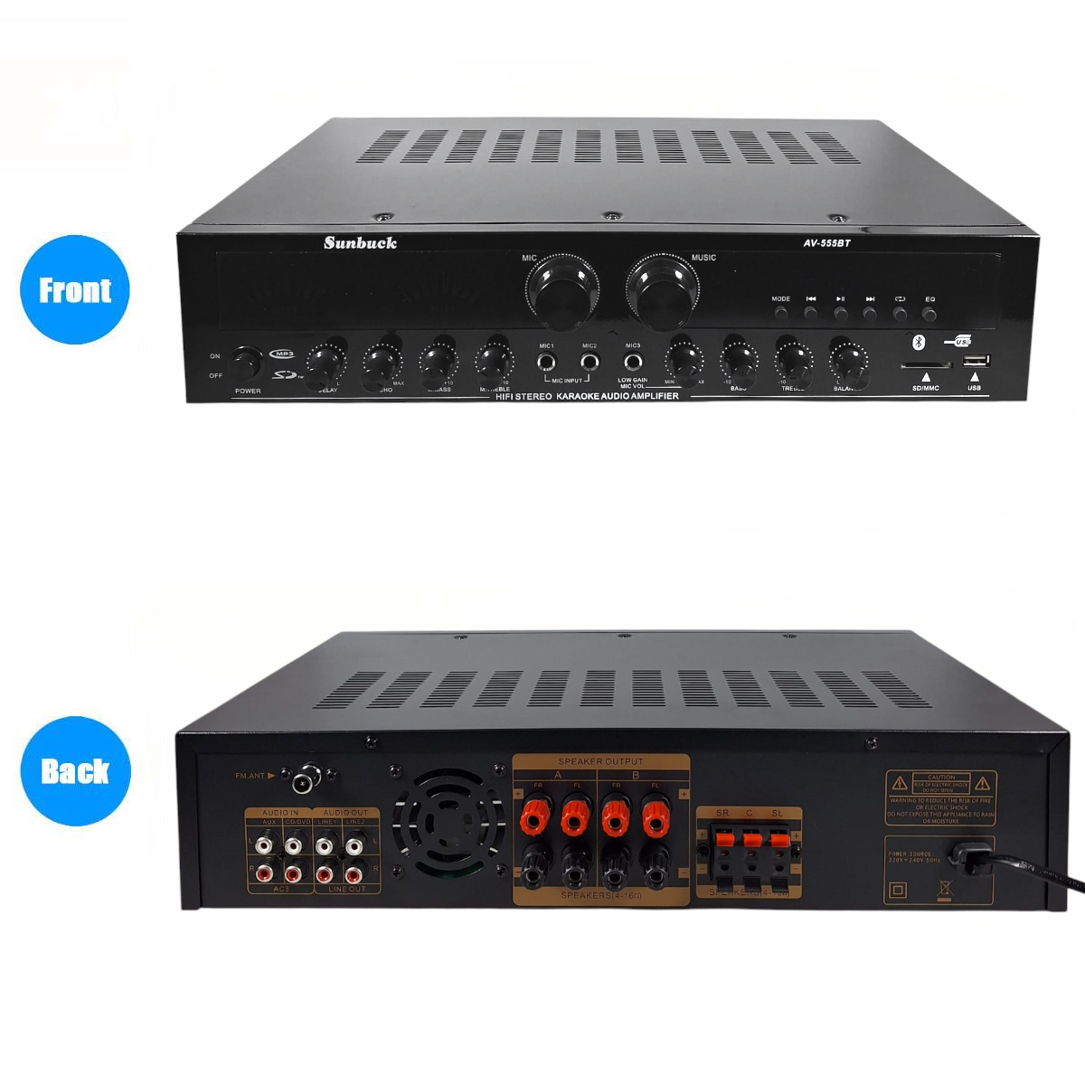 Sunbuck Audio Amplifier Bluetooth 5.0 Microphone HiFi USB MP3 Player - AV-555BT