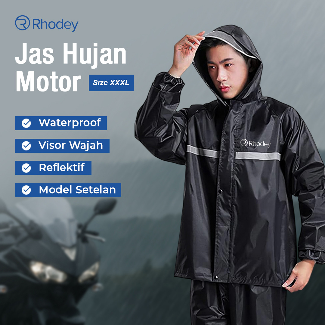 Rhodey Pole Jas Hujan Motor Setelan Raincoat Reflektif Strip with Hood - T1