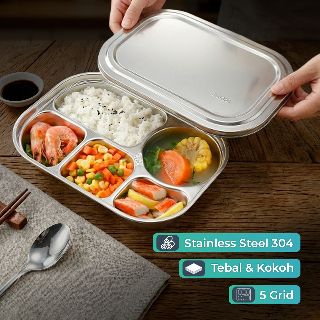 Januel Piring Makan Fast Food Tray Container Stainless Steel 5 Grid - Jn72