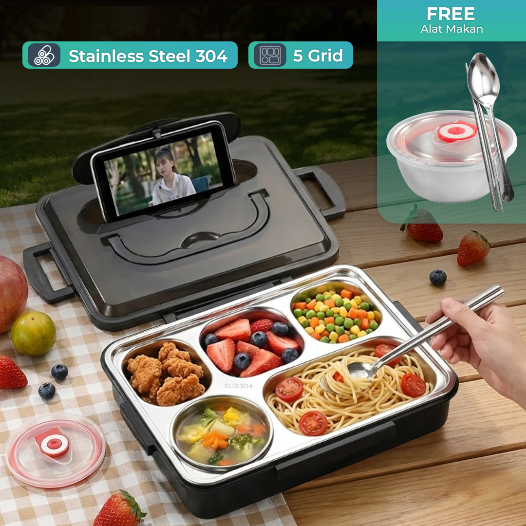 PORS Kotak Makan Stainless Steel 304 Leakproof with Soup Bowl 5 Grid - P-5