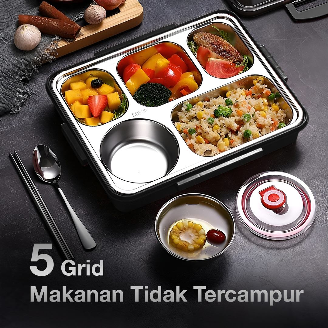 PORS Kotak Makan Stainless Steel 304 Leakproof with Soup Bowl 5 Grid - P-5