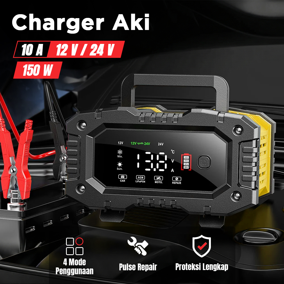 FOXSUR Charger Baterai Aki Mobil Motor Portable 10A 150W 12/24V - FPT-100