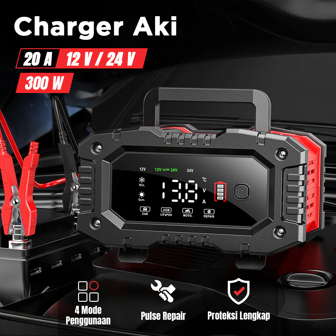FOXSUR Charger Baterai Aki Mobil Motor Portable 20A 300W 12/24V - FPT-200