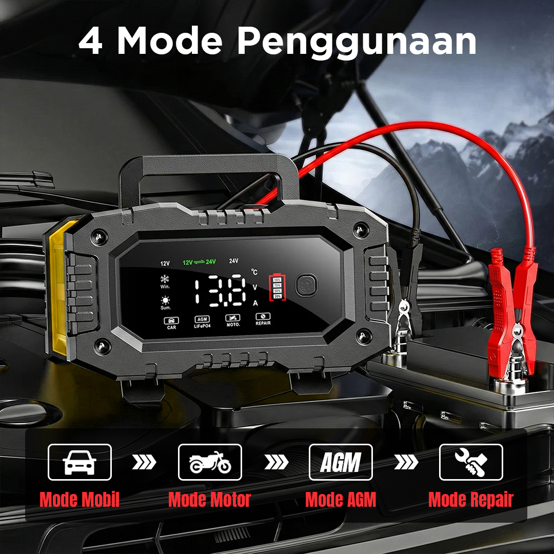 FOXSUR Charger Baterai Aki Mobil Motor Portable 10A 150W 12/24V - FPT-100