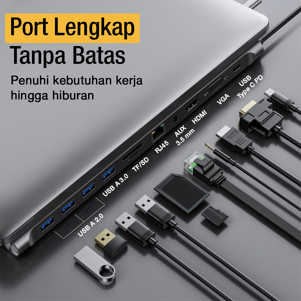 Docktion USB Hub Type C Adaptor 11in1 HDMI 4K AUX Card Reader - BYL-2003
