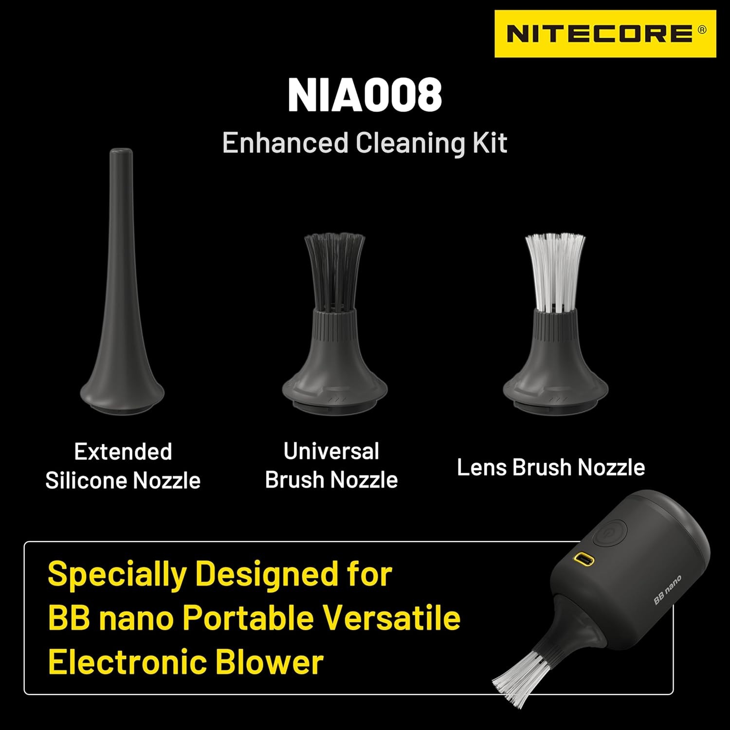 NITECORE Extension Vacuum Kit Brush Nozzle 3in1 for BB Nano Blower - NIA008