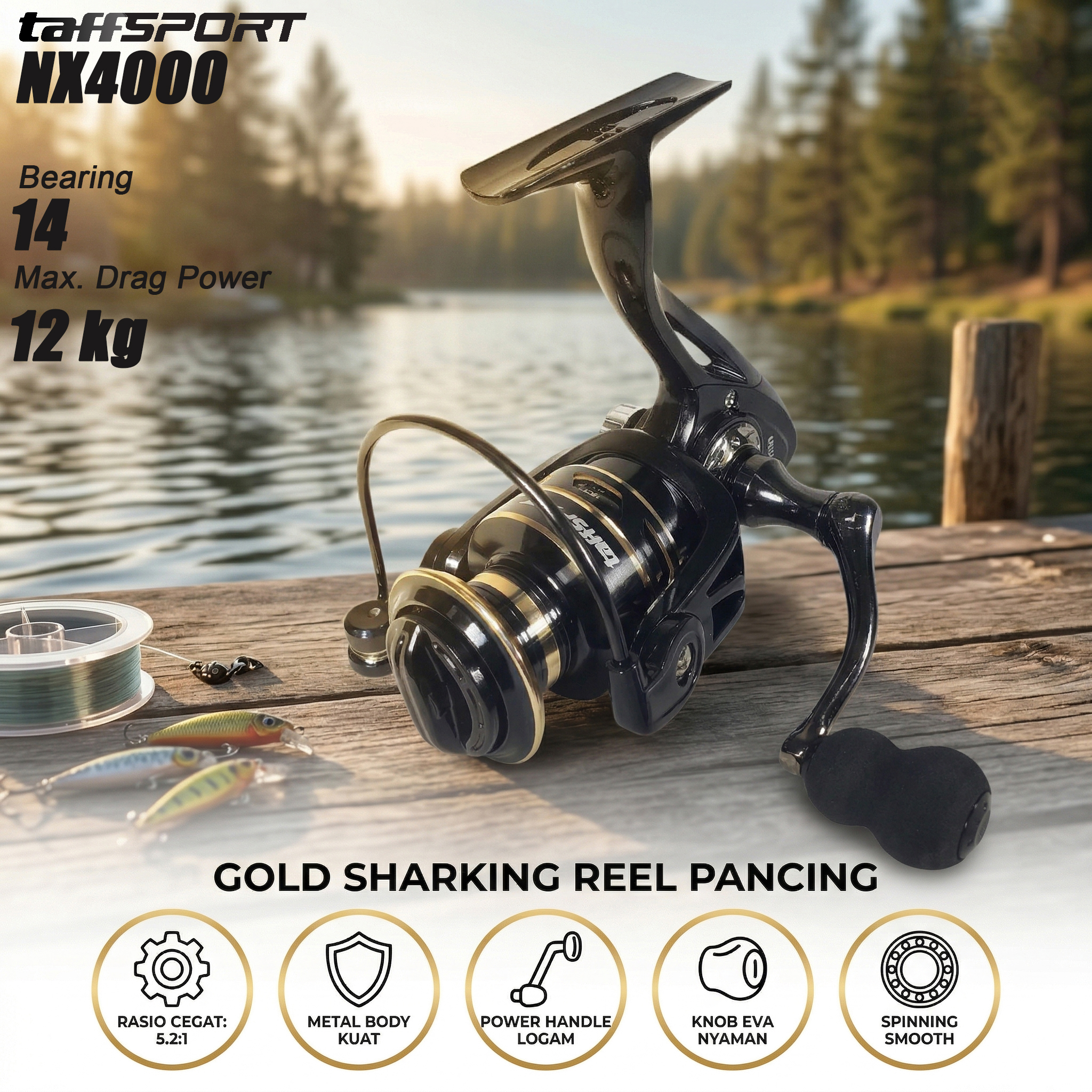 TaffSPORT Reel Pancing Spinning Fishing Reel 5.2:1 4000 - NX4000
