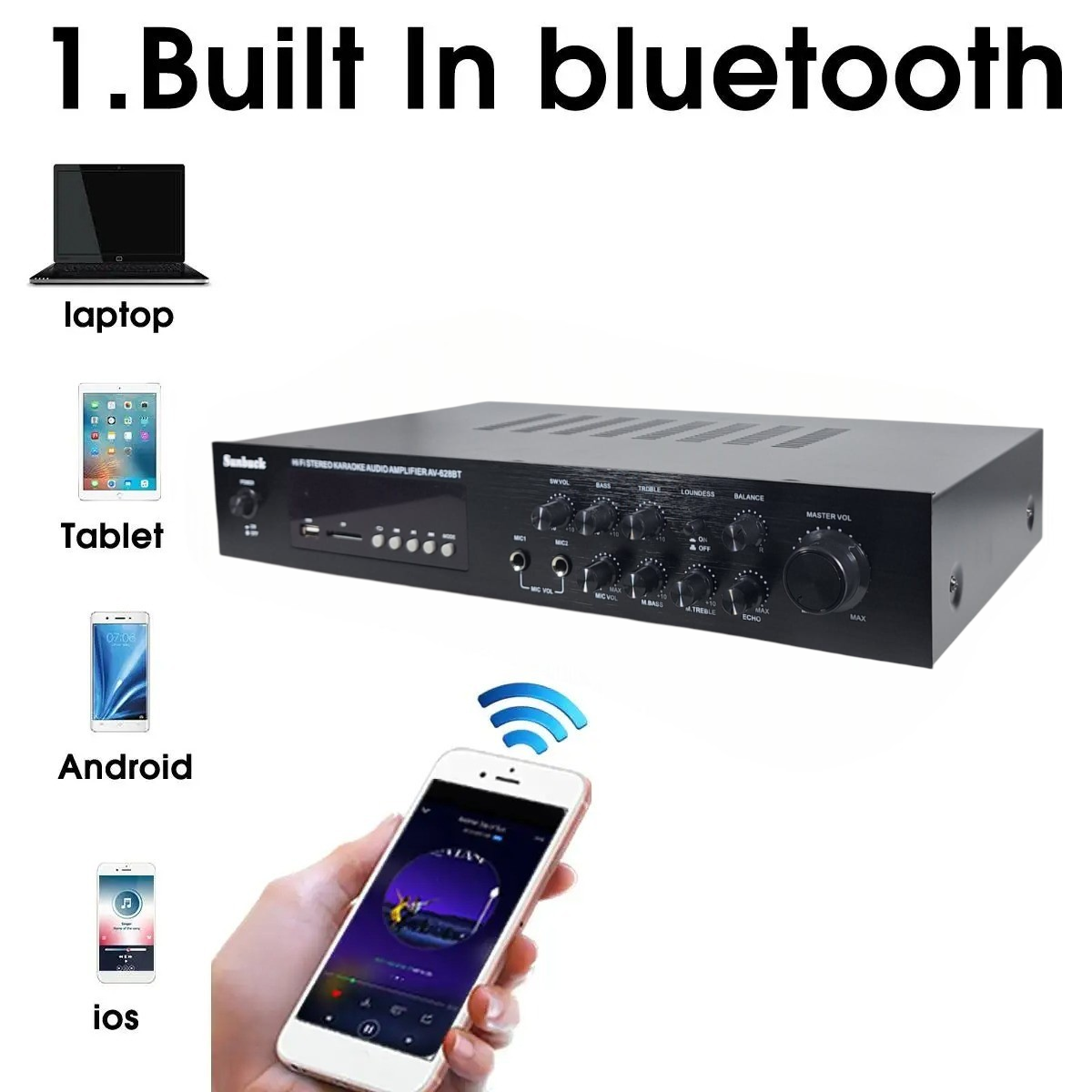 Sunbuck Audio Amplifier Bluetooth 5.0 Subwoofer FM 5 Ch Remote 2000W - AV-628BT