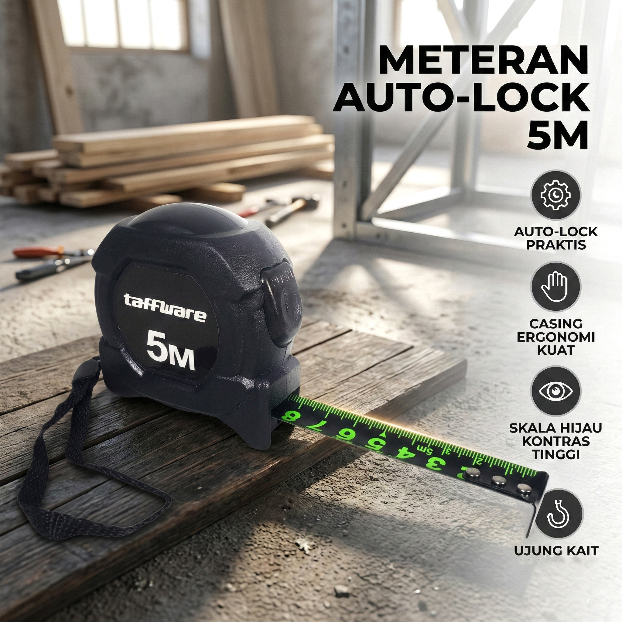 Taffware Roll Meteran Retractable Ruler Automatic Locking 5M - XBE5M