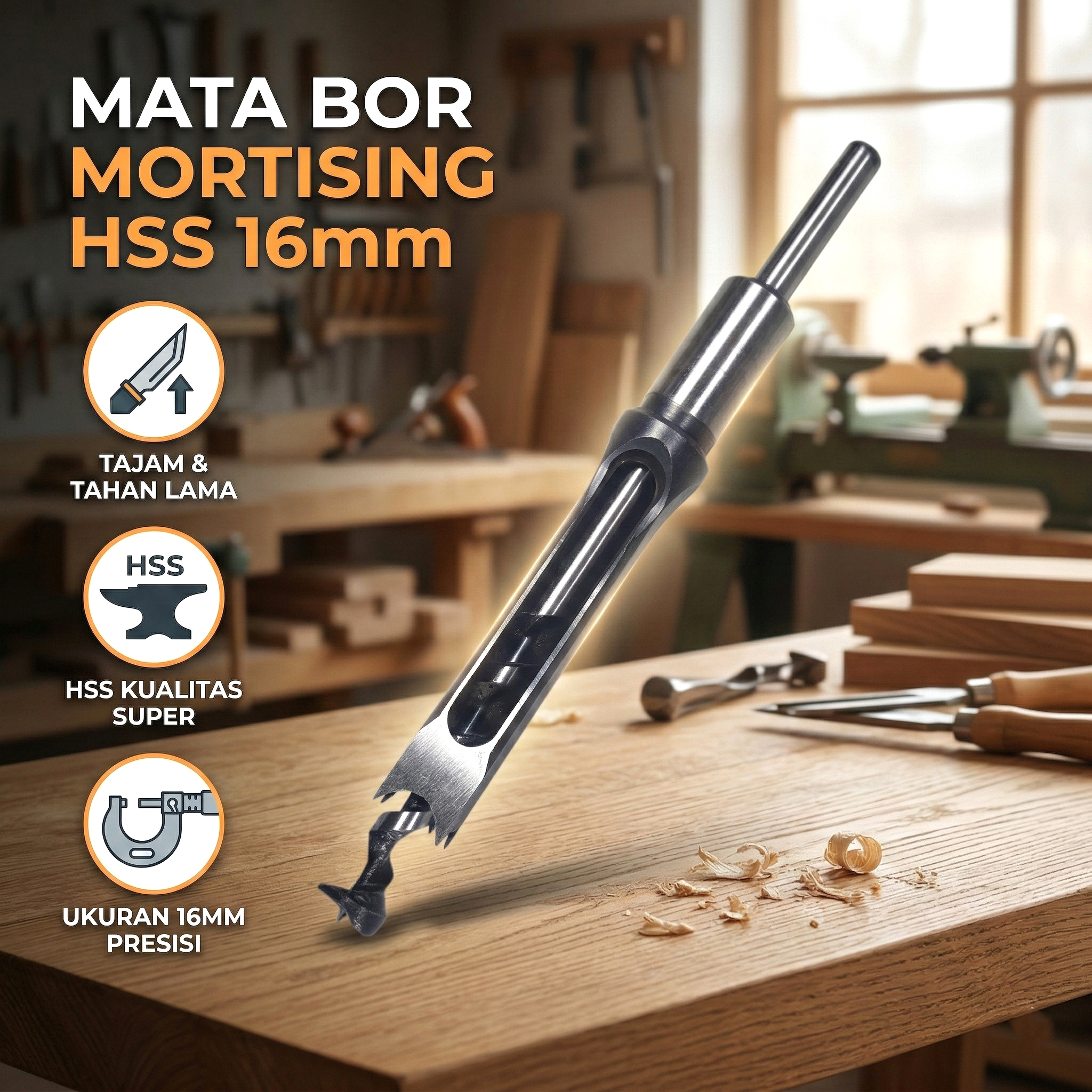 JUSTINLAU Mata Bor Putar Pahat Mortising Bobok Kayu HSS 16mm - FKB16