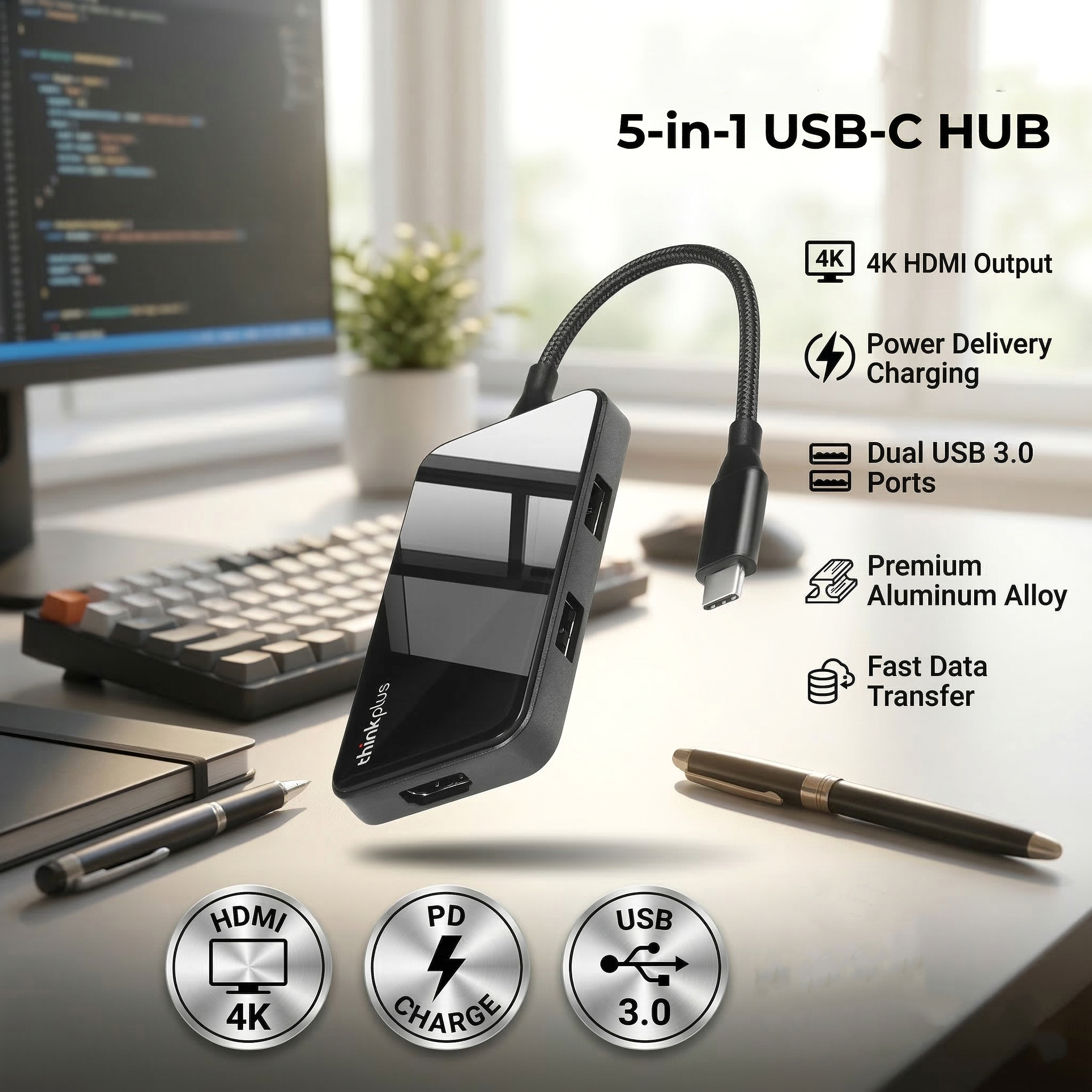 Lenovo Thinkplus USB Hub Type C 3.0 Adapter 5in1 USB HDMI USB Type C - TPH-05