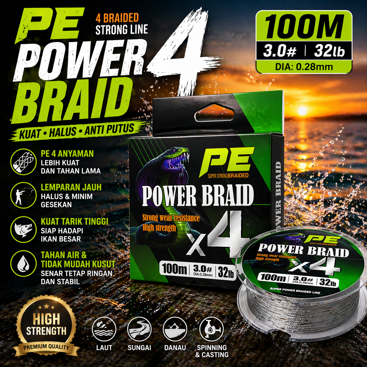Dali Ma Senar Pancing PE 4 Braided Strand Fishing Line 100M - X4