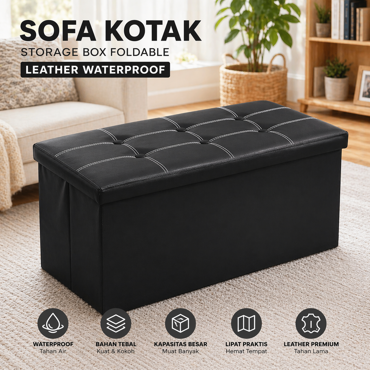 LUEFAT Sofa Kotak Storage Box Foldable Leather Waterproof 76x37x36.5cm - L76