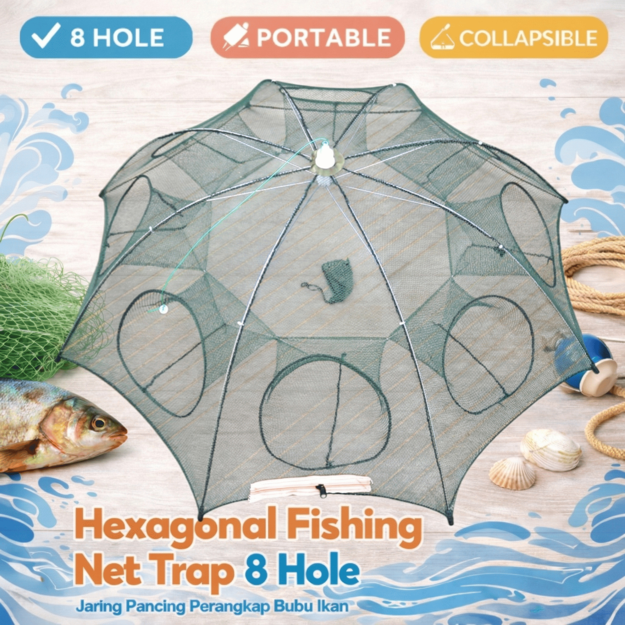 Jaring Pancing Perangkap Bubu Ikan Hexagonal Fishing Net Trap 8 Hole