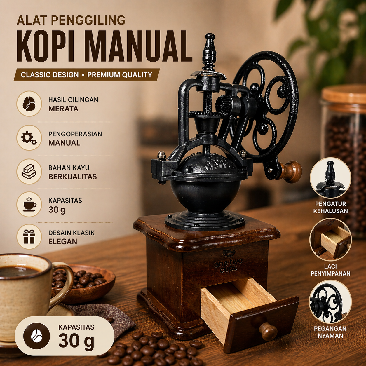 ALOCS Alat Penggiling Kopi Manual Coffee Grinder Wood Adjustable 30g - CW85532