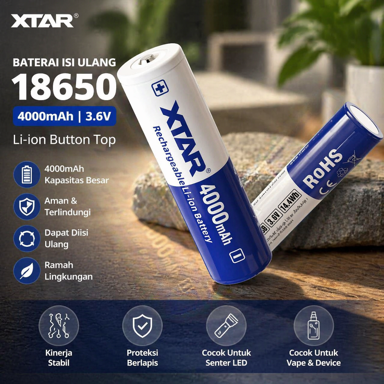XTAR Baterai Rechargeable 18650 Li-Ion 4000mAh 3.6V 10A 1 PCS - XT1
