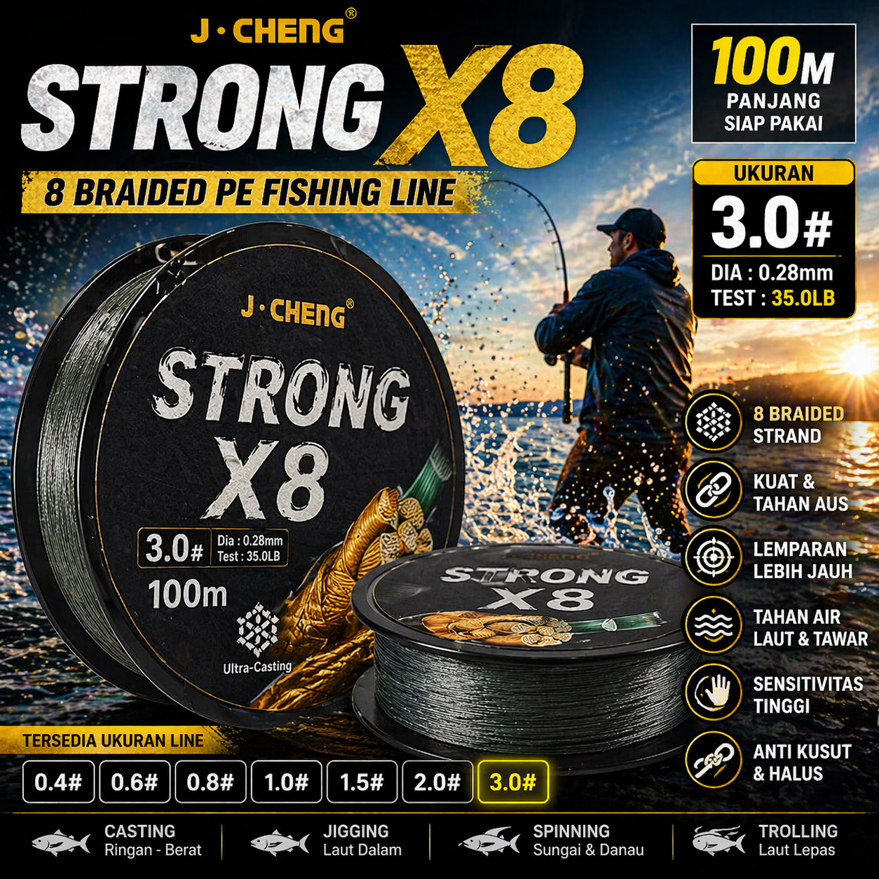 Jual J-Cheng Senar Pancing PE 8 Braided Strand Fishing Line 100M