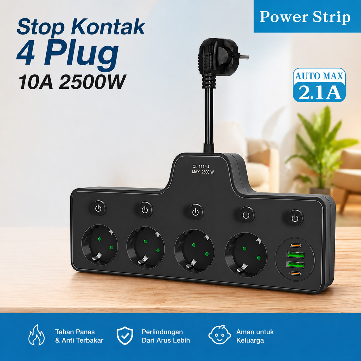QIAOLIAN Stop Kontak USB Type C EU Plug 10A 110-250V 2500W - QL-1119U/QL-1118U