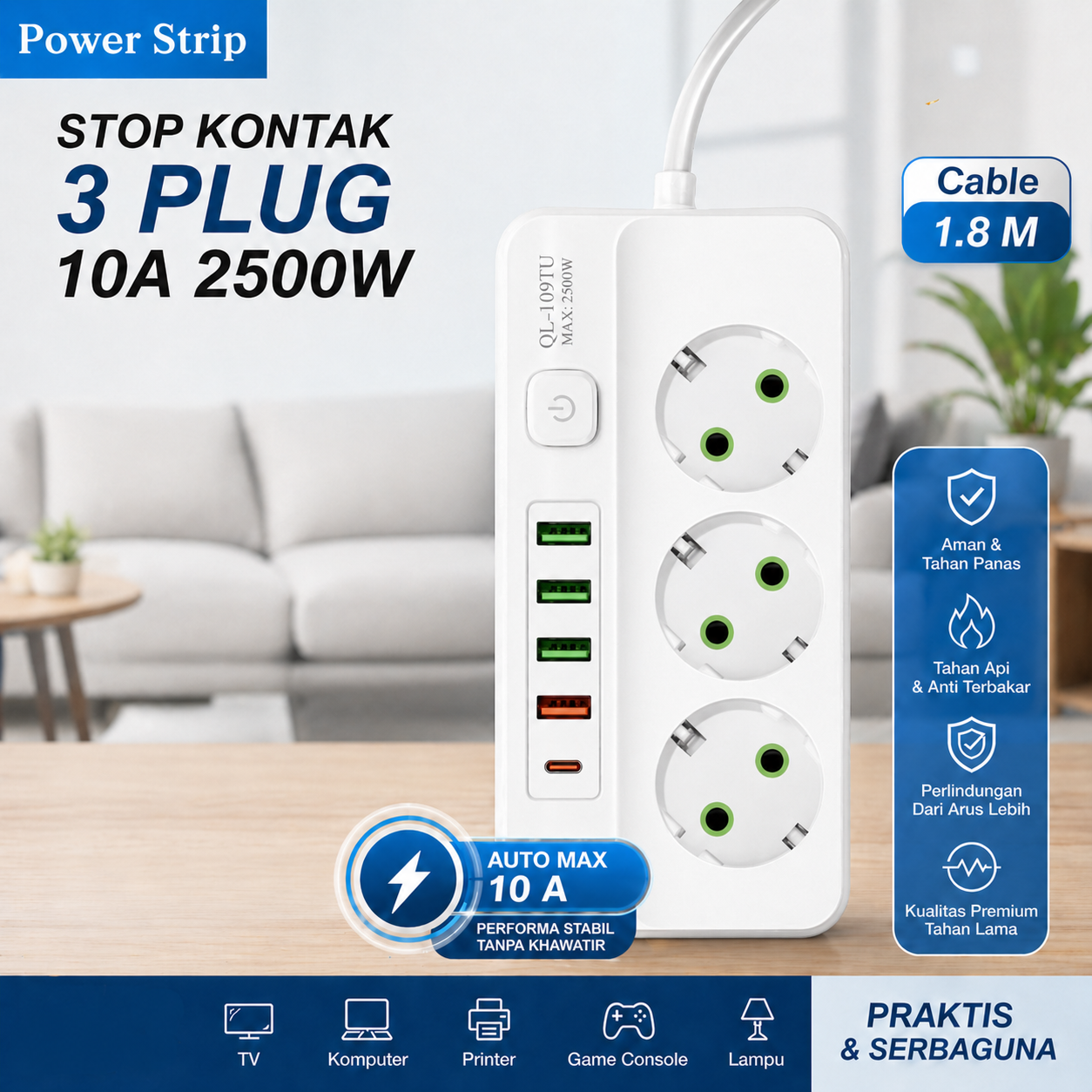 QIAOLIAN Stop Kontak Kabel 3 Socket 4 USB A USB C 1.8M 10A 250V 2500W - QL-1091U
