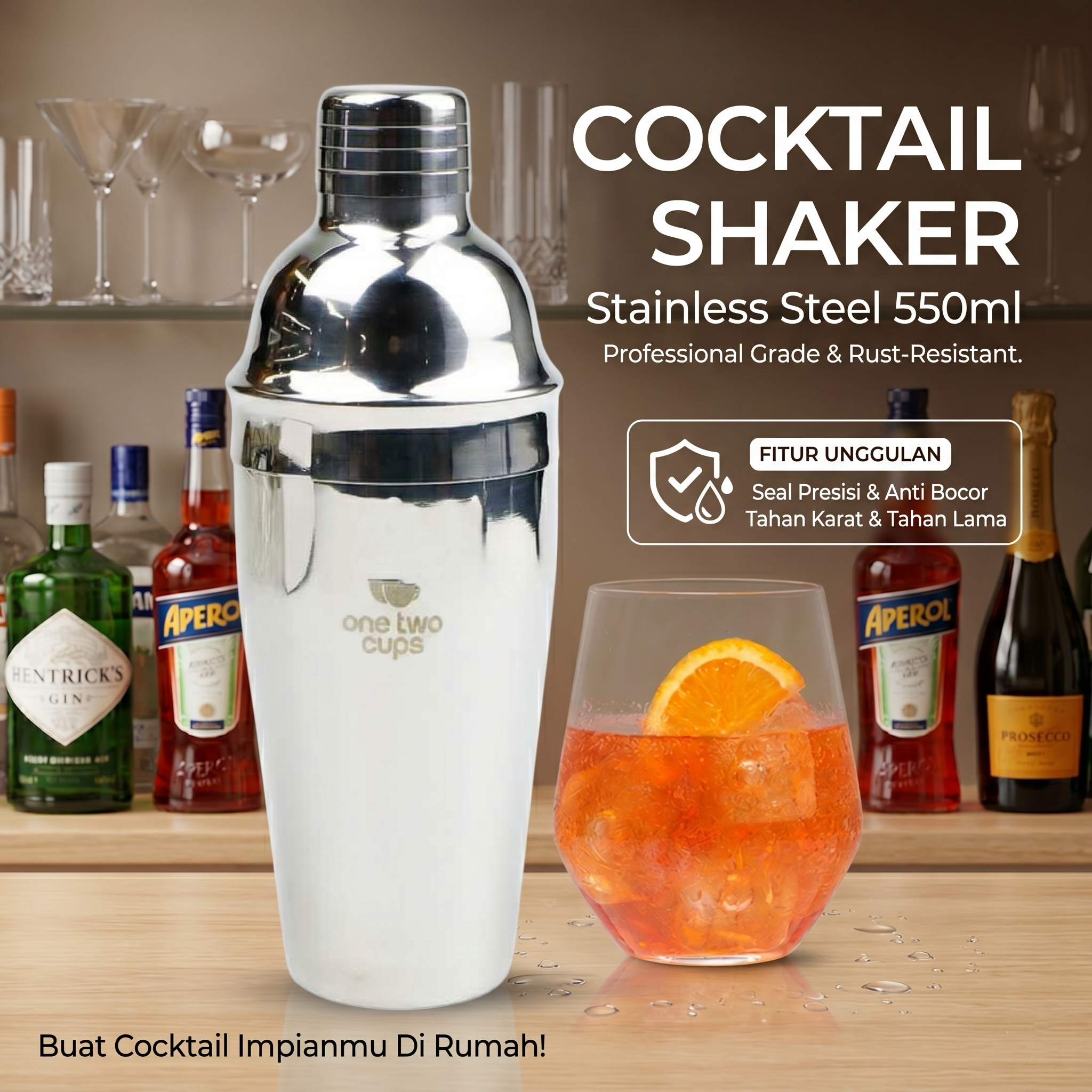 One Two Cups Cocktail Shaker Bartender Boston Style Stainless Steel - JJ60048
