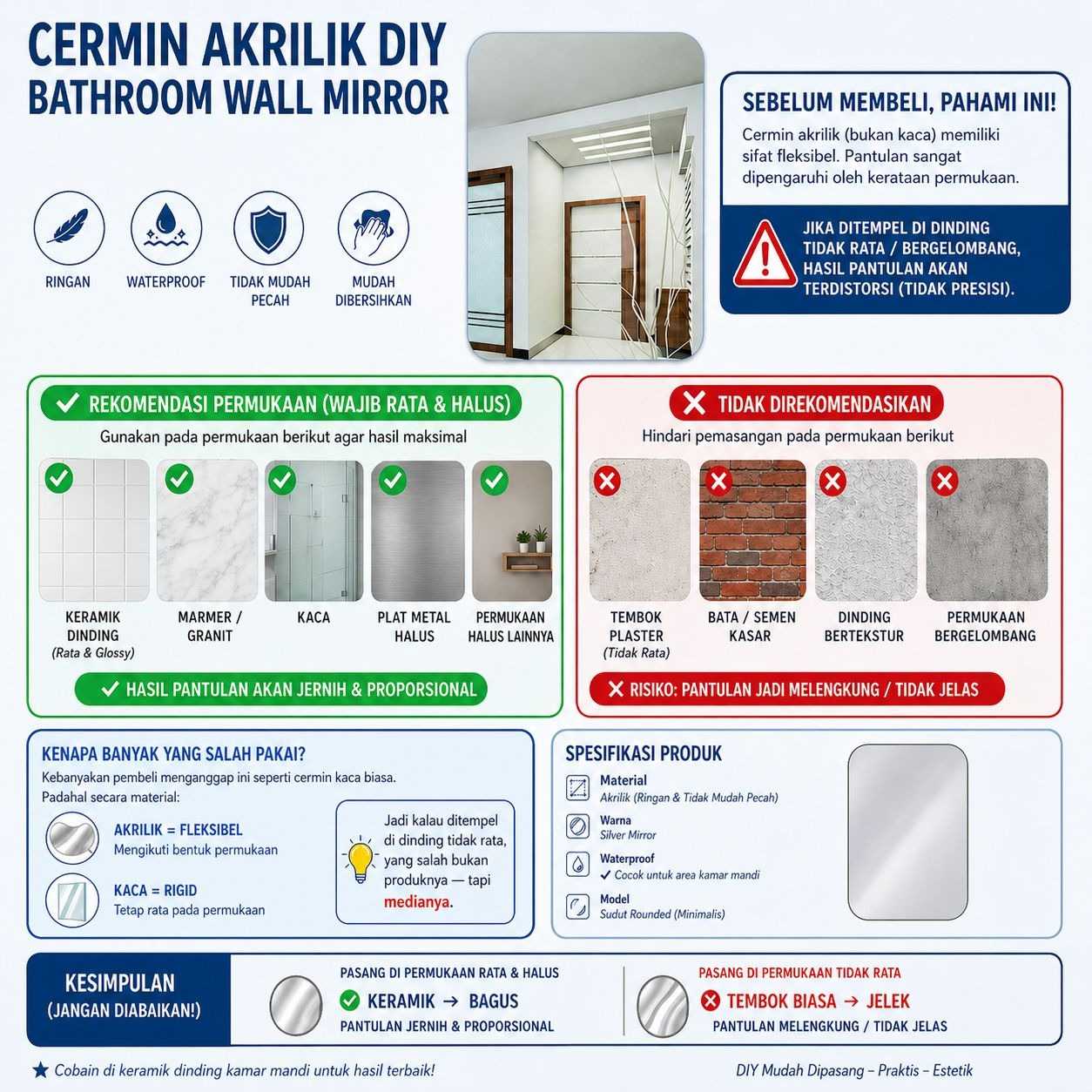 TaffHOME Cermin Akrilik DIY Bathroom Wall Acrylic Mirror Waterproof - L02 - Gambar 6
