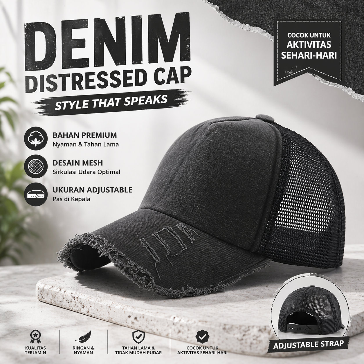GUDIY Topi Trucker Jaring Mesh Hat Washed Cotton - T300