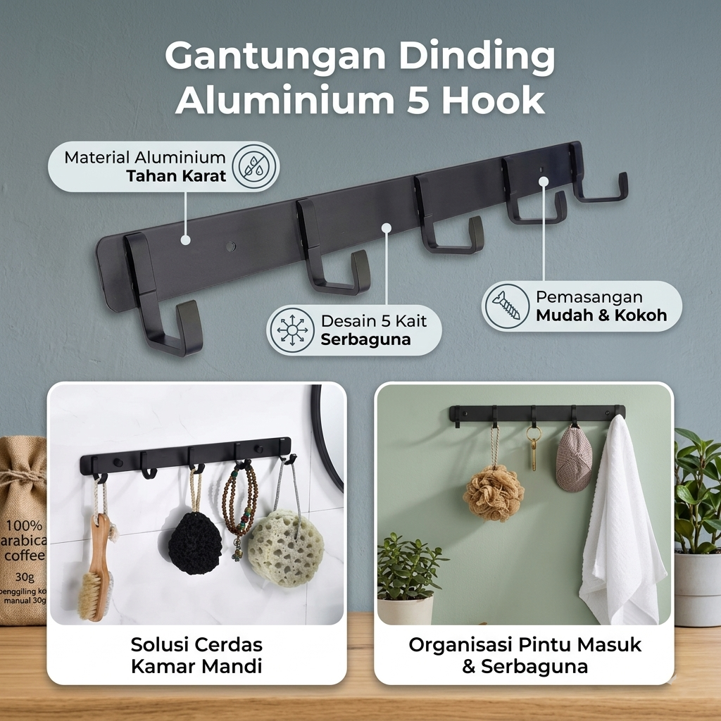HARKO Gantungan Dinding Tempel Waterproof 5 Hook Aluminium - MH05
