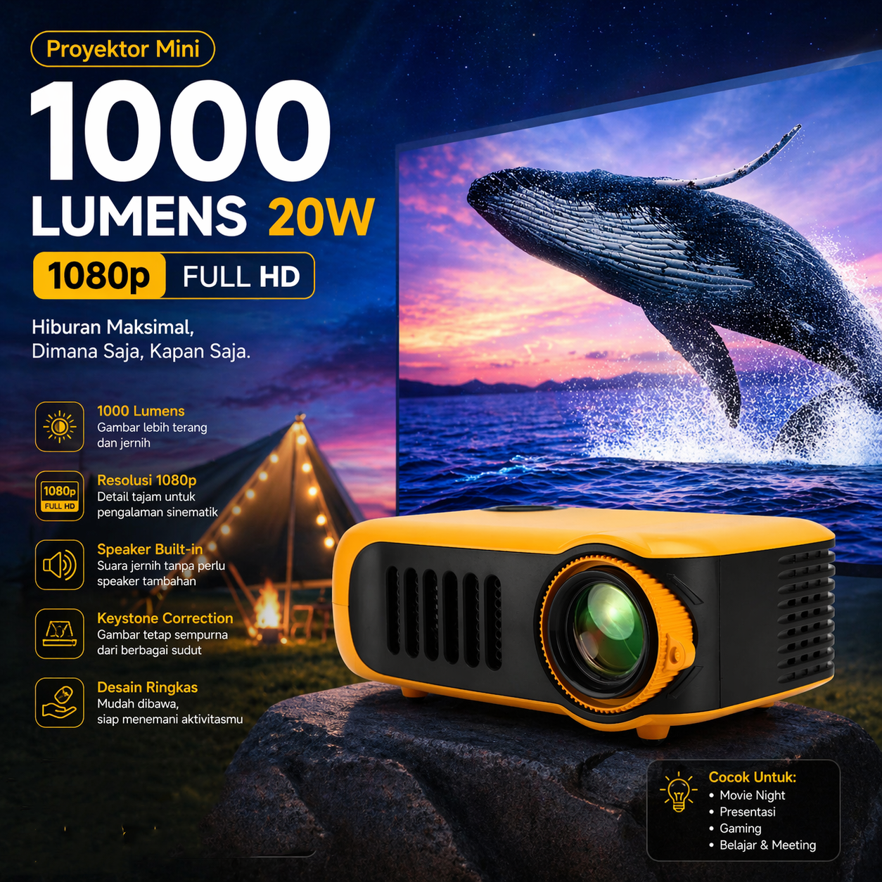 TRANSJEE Proyektor Mini Portable LED Full HD 1000 Lumens 20W 1080p - A2000