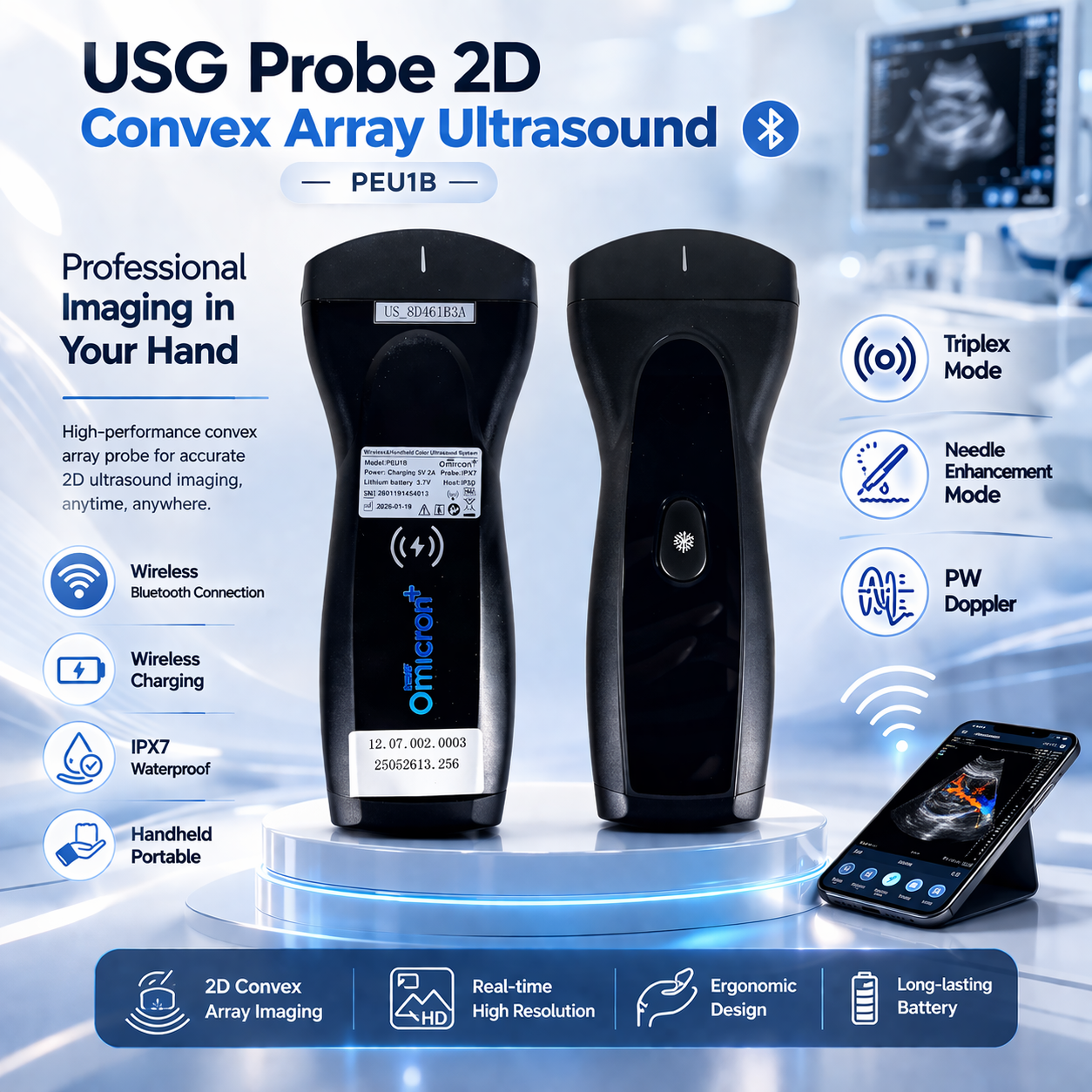 TaffOmicron USG Probe Convex Array Ultrasound Bluetooth Triplex Mode - PEU1B