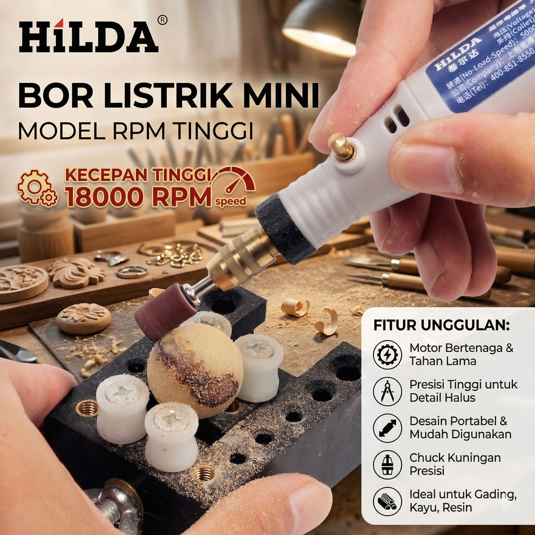 HILDA Bor Listrik Mini Rotary Drill Tool 3.2mm 18V 18000RPM - JD5202
