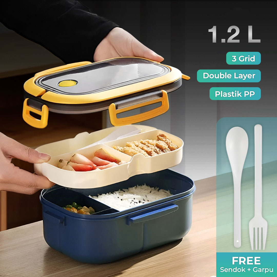 HOMEFAVOR Kotak Makan Anti Tumpah Lunch Box Double Layer 3 Grid 1.2L - HF225