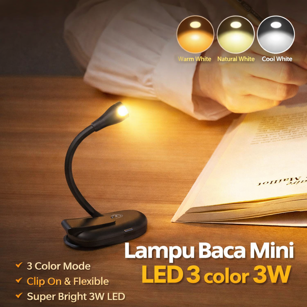 FREN Lampu Baca Mini LED Detachable Clip Lamp Charging 3 Color 3W - JS-05