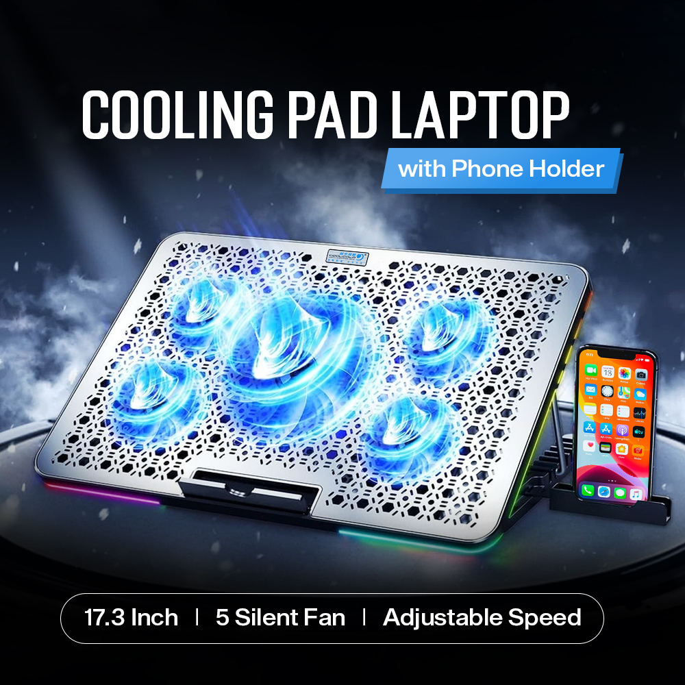 COOLCOLD Cooling Pad Laptop Gaming Kipas Pendingin RGB 5 Fan 17.3 Inch - F5 Plus