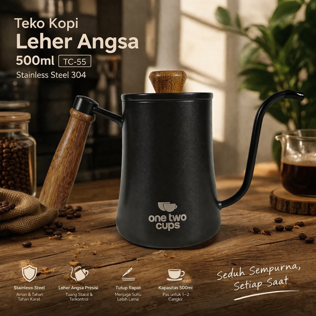 One Two Cups Teko Kopi Leher Angsa Gooseneck Pour Over Kettle 500ml - K55