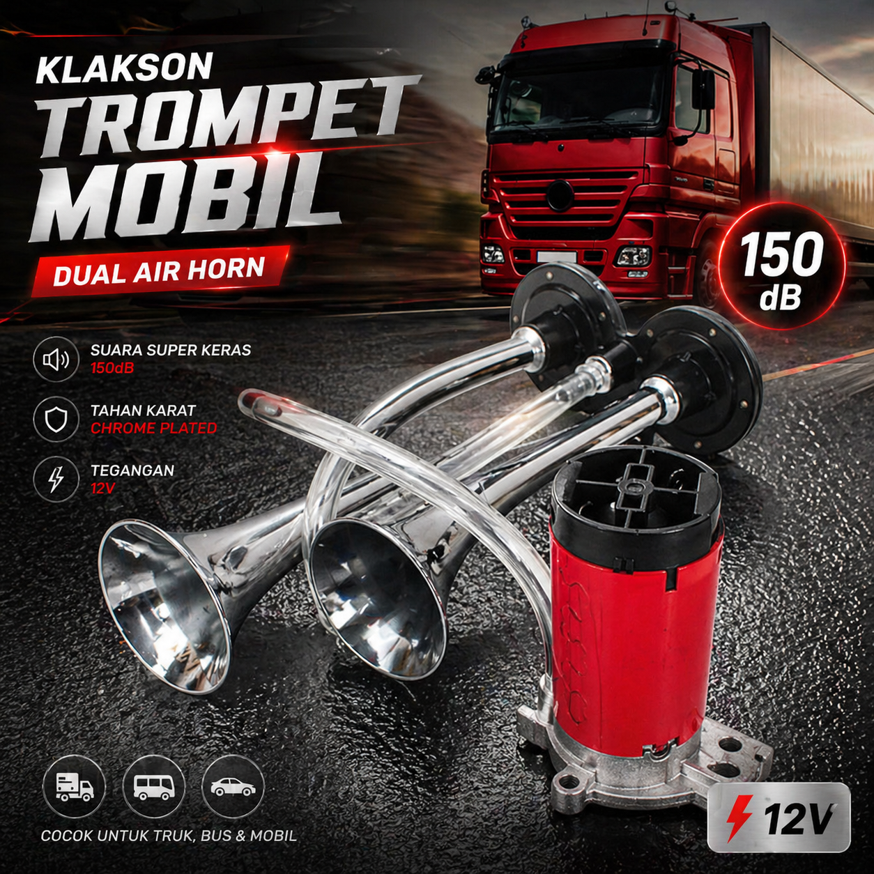 HEYVO Klakson Trompet Mobil Dual Air Horn 150dB 12V - LD201