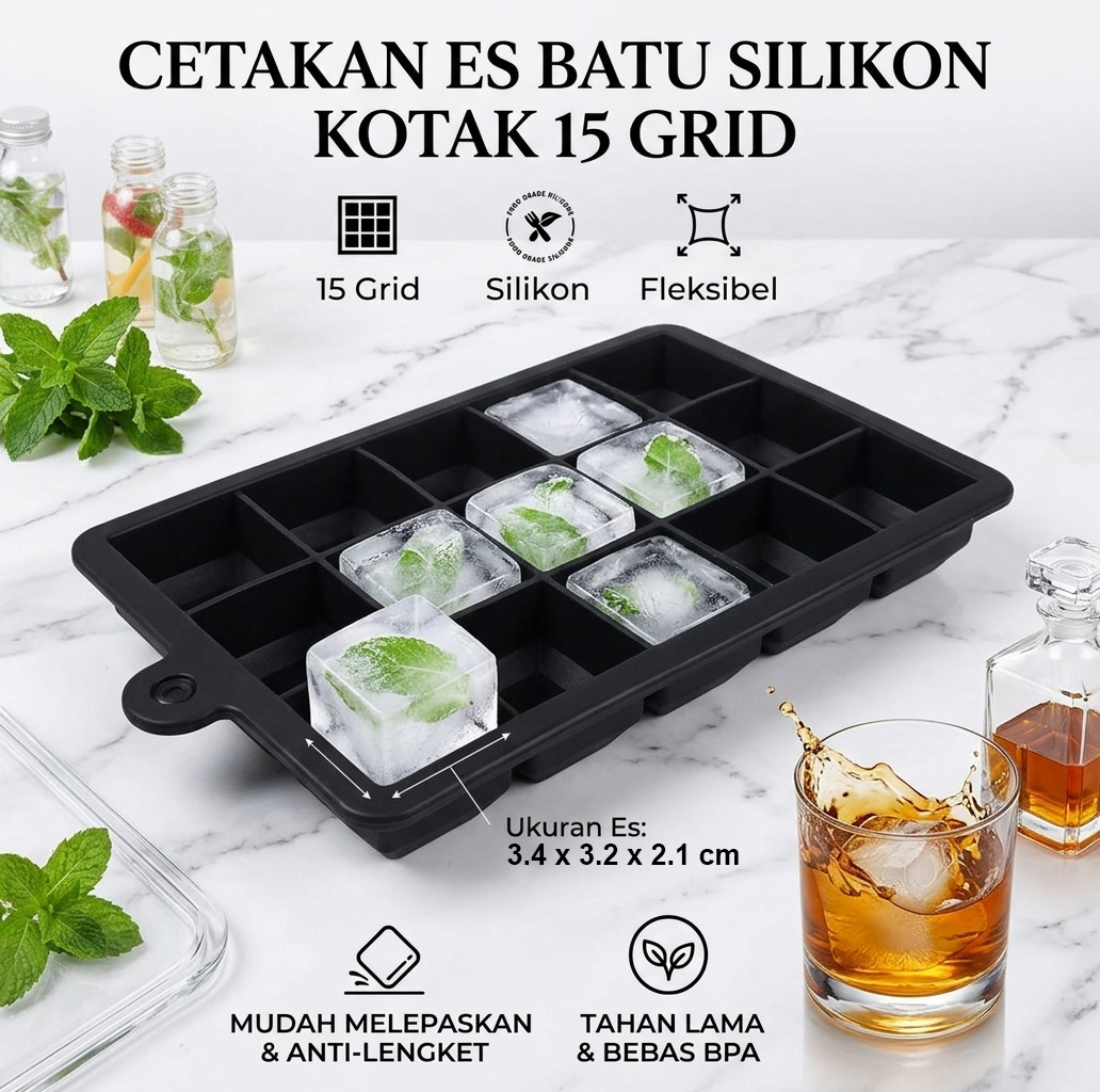 TaffHOME Cetakan Es Batu Silikon Kotak 15 Grid Ice Cube Tray - DY0971