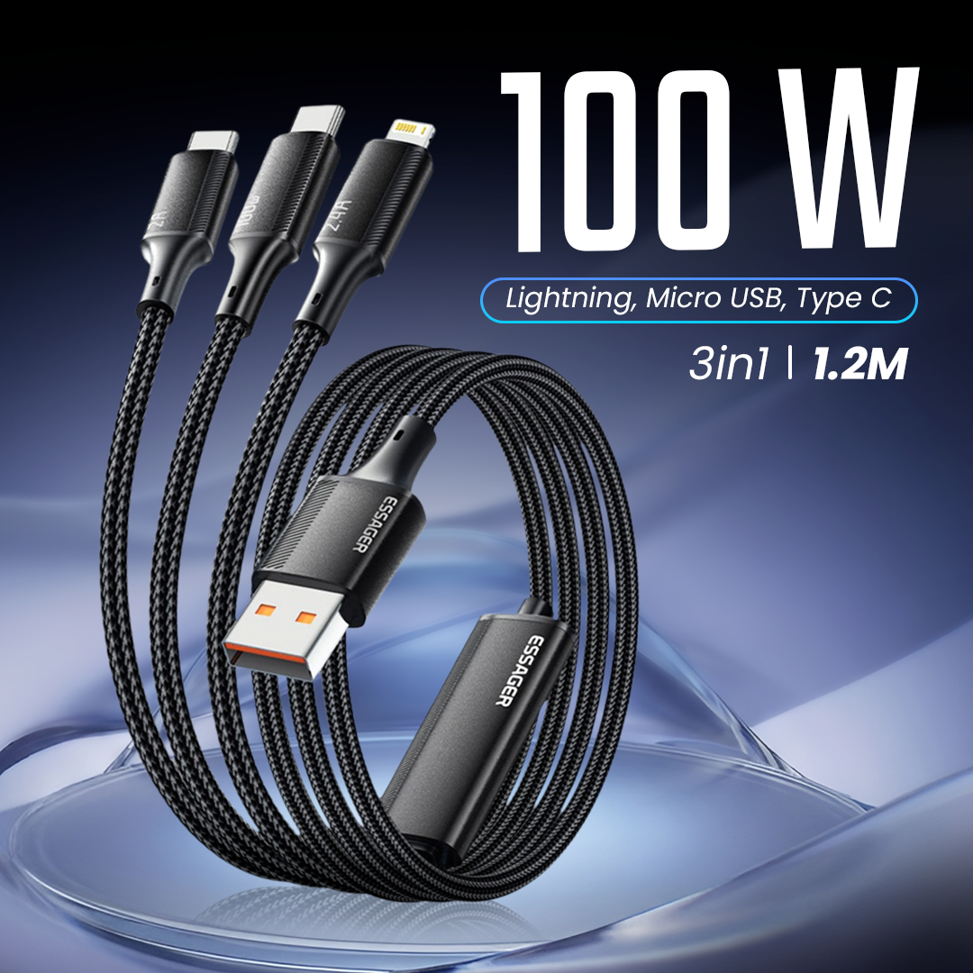 ESSAGER Kabel Data 3in1 Lightning Micro USB Type C Braided 100W 1.2M - EXCMTL-JJ01-P