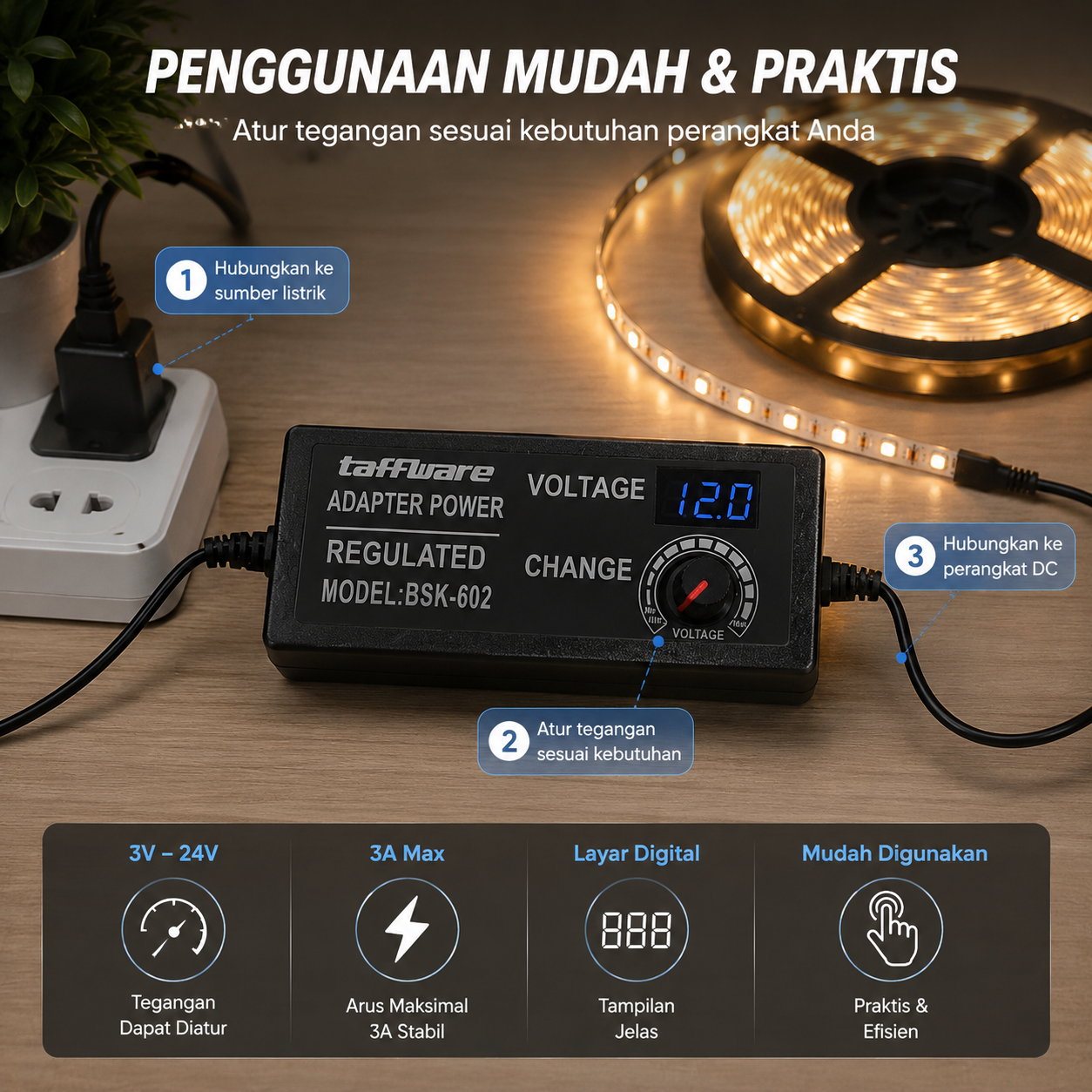 Taffware Adaptor Power Supply Converter AC to DC 3V-24V 3A Adjustable - BSK-602