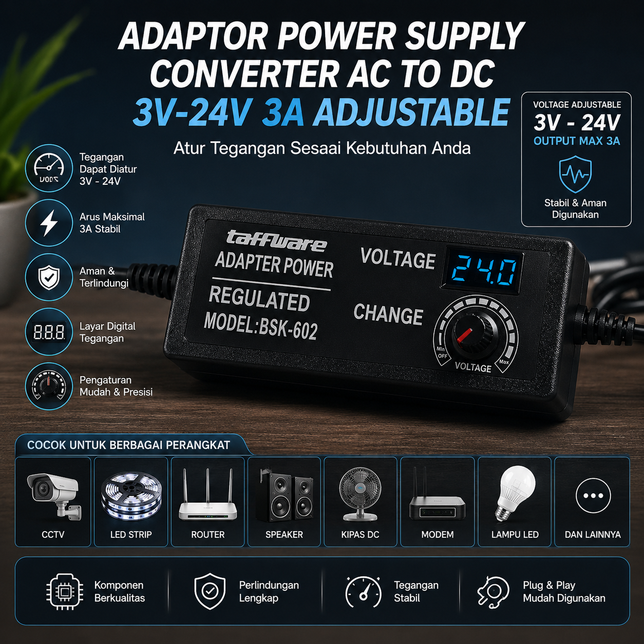 Taffware Adaptor Power Supply Converter AC to DC 3V-24V 3A Adjustable - BSK-602