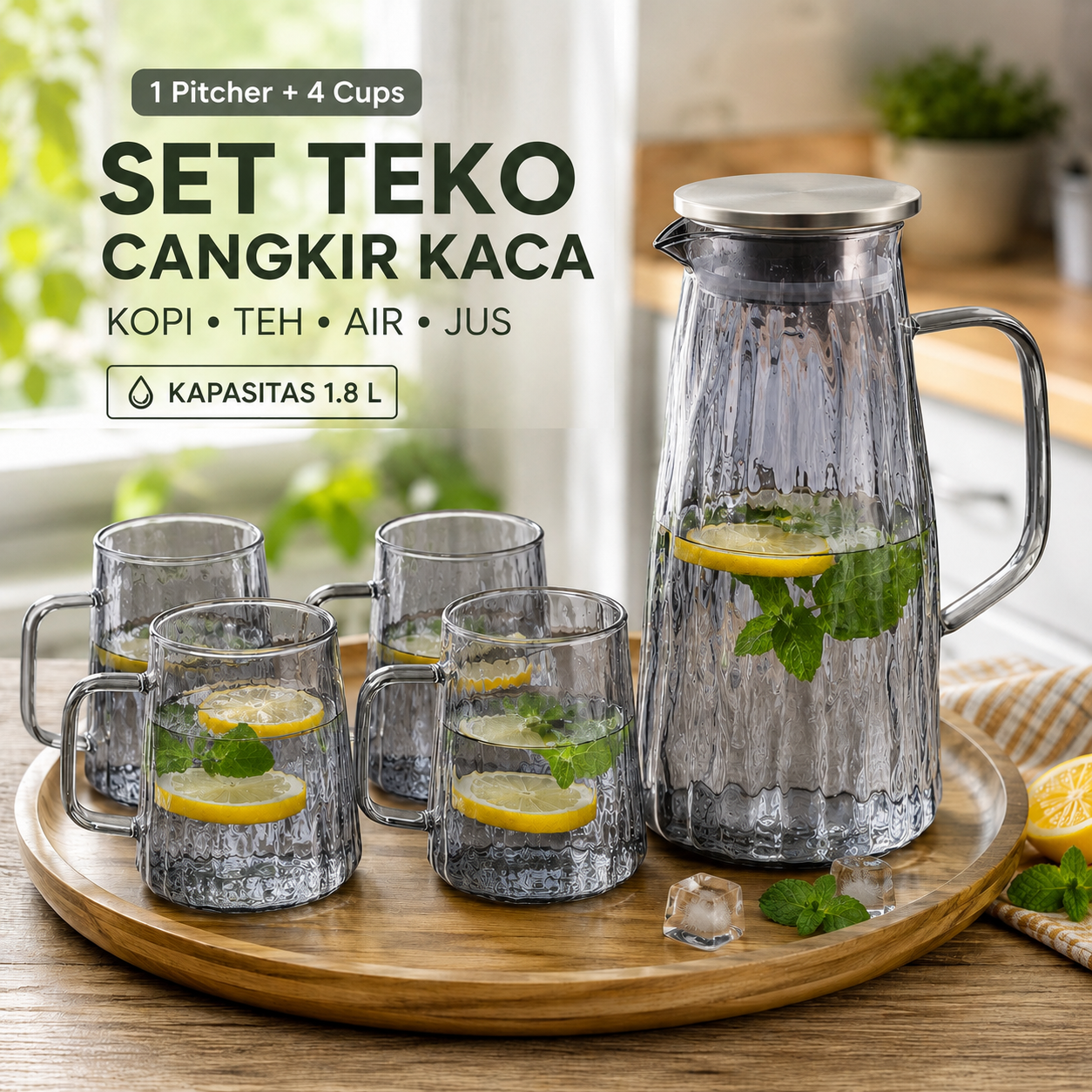Cloks Teko Pitcher Kaca Tahan Panas Api Water Jug 1.8L with 4 Cup - CL18