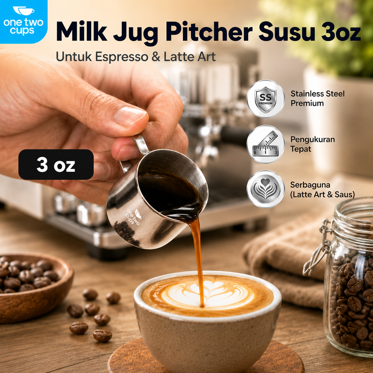 One Two Cups Milk Jug Pitcher Susu Latte Art Espresso Stainless Steel - S06HG